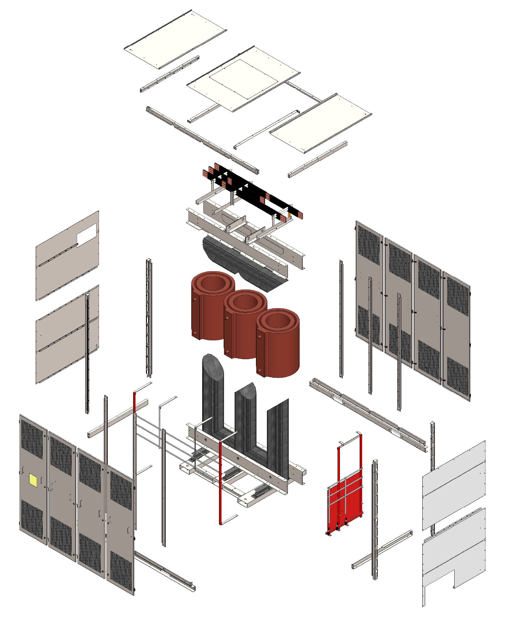 Exploded view of cast coil transformer
