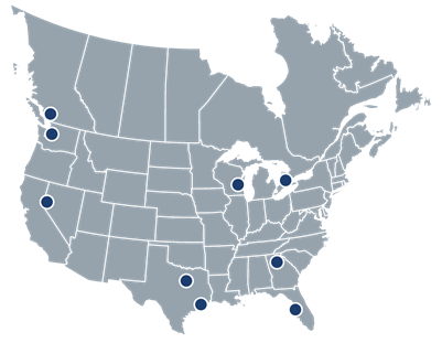 Mapa de Norteamérica con la ubicación de los almacenes de HPS