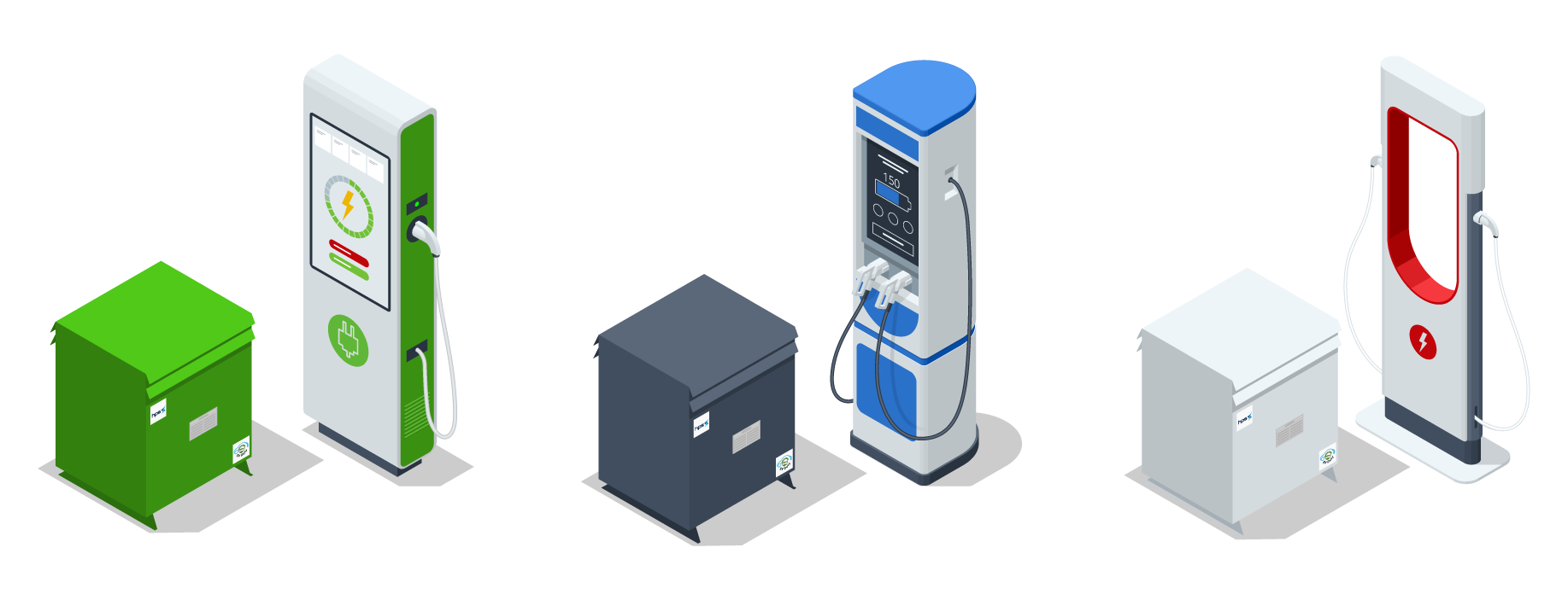 Enclosures and EV Chargers in various colour schemes