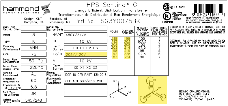 Transformer specification plaque